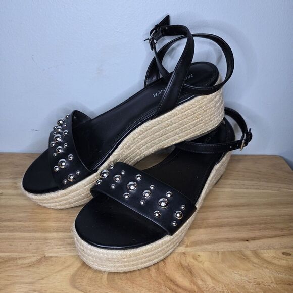 Marc Fisher Joyce Sandals Black Platform Wedges Espadrille Studded Shoes 9.5 - Picture 1 of 8